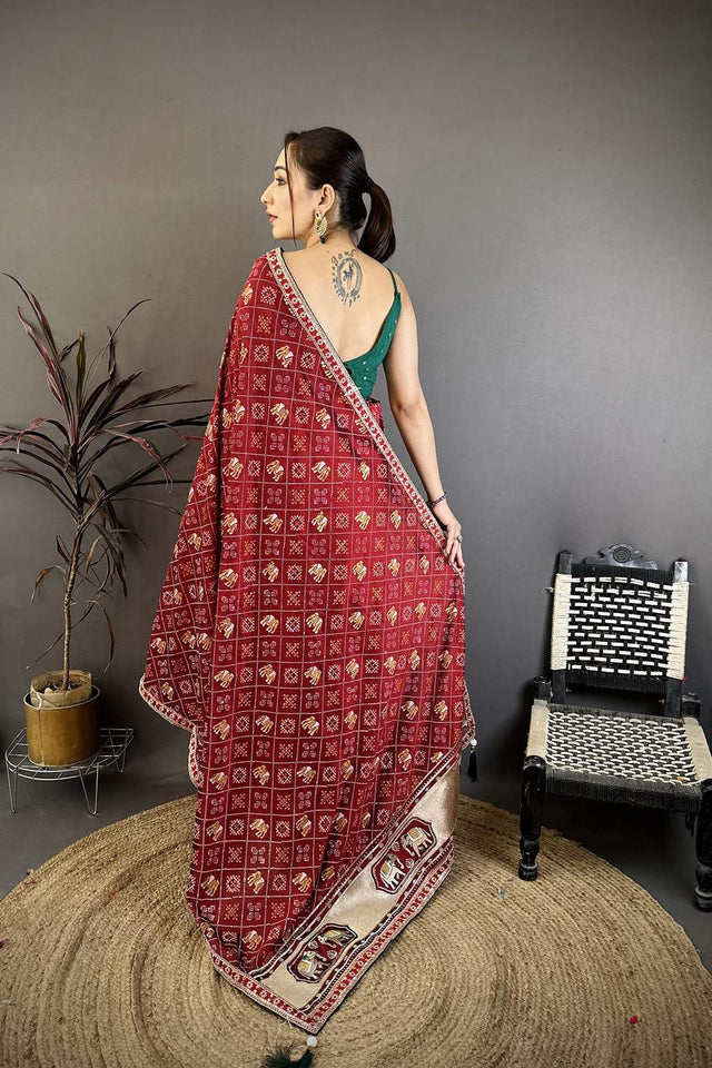 Maroon Bandhani Printed with Zari Woven Border Silk Saree (JK13603)