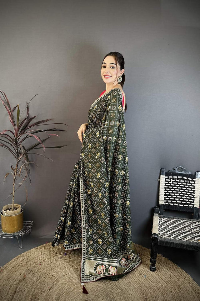 Dark Green Bandhani Printed with Zari Woven Border Silk Saree (JK13604)
