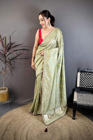 Green Bandhani Printed with Zari Woven Border Silk Saree (JK13605)