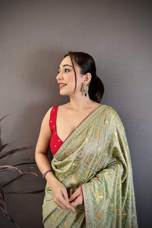 Green Bandhani Printed with Zari Woven Border Silk Saree (JK13605)