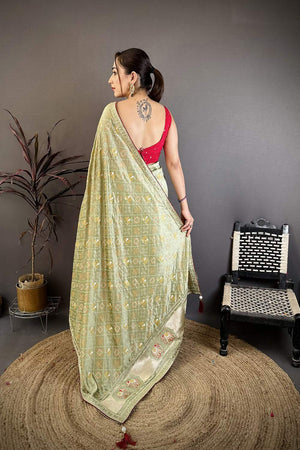 Green Bandhani Printed with Zari Woven Border Silk Saree (JK13605)