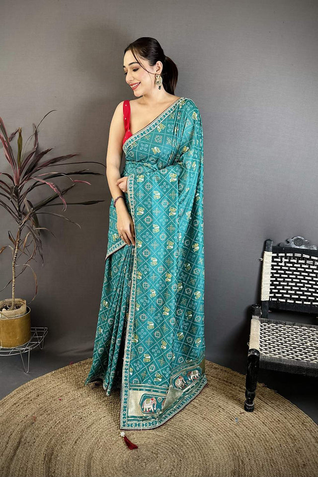 Green Bandhani Printed with Zari Woven Border Silk Saree (JK13606)