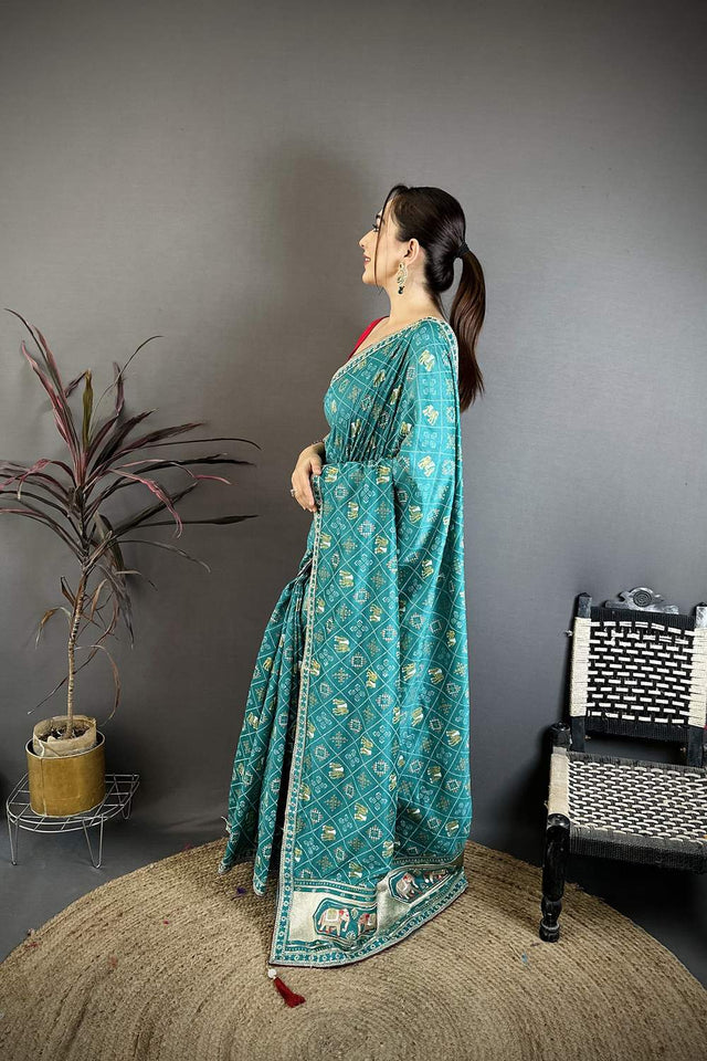 Green Bandhani Printed with Zari Woven Border Silk Saree (JK13606)