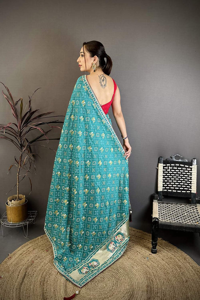 Green Bandhani Printed with Zari Woven Border Silk Saree (JK13606)
