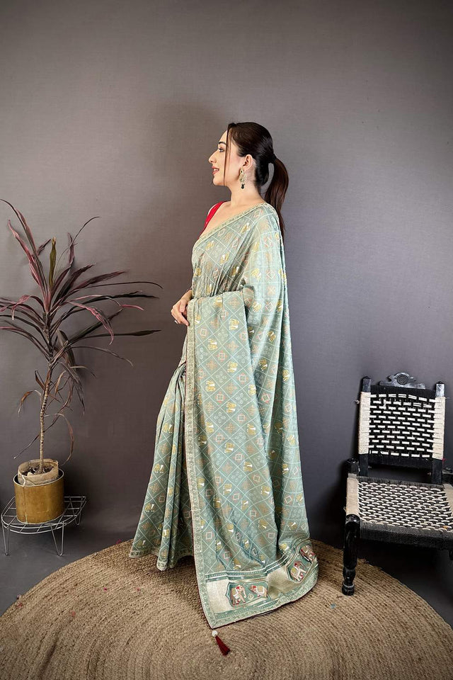 Sea Green Bandhani Printed with Zari Woven Border Silk Saree (JK13607)
