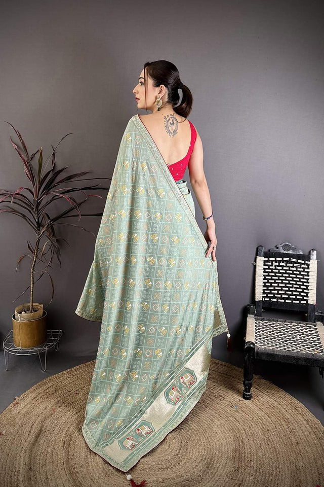 Sea Green Bandhani Printed with Zari Woven Border Silk Saree (JK13607)