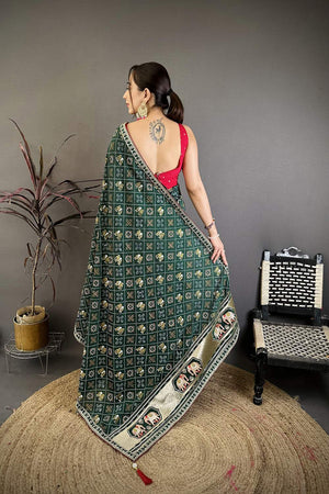 Green Bandhani Printed with Zari Woven Border Silk Saree (JK13609)