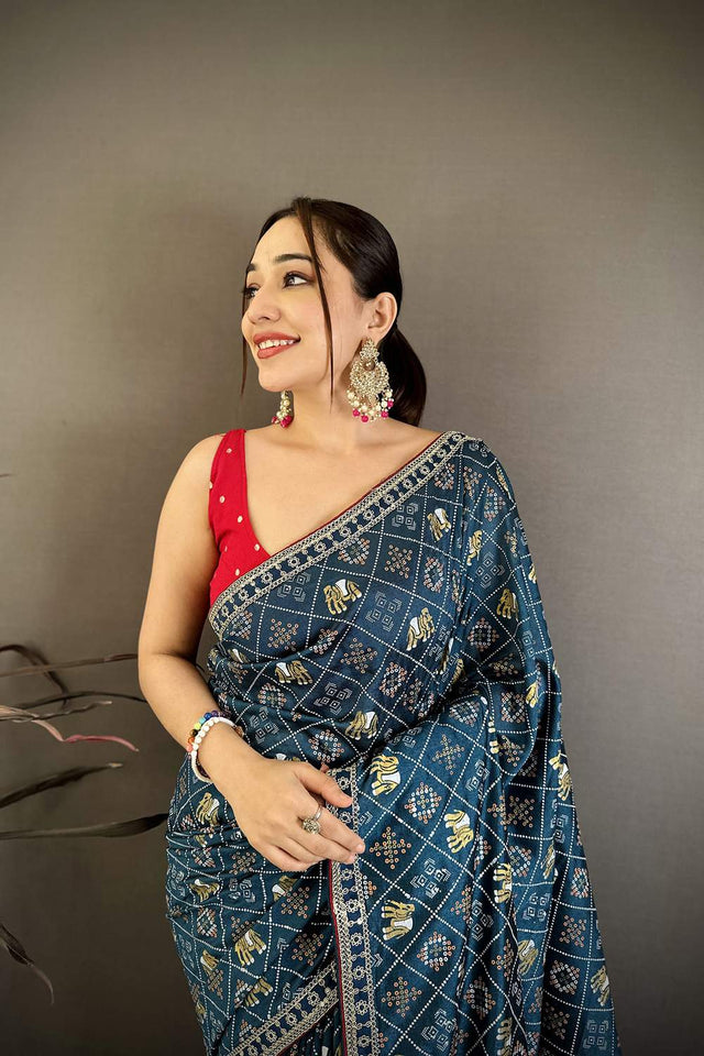 Turquoise Bandhani Printed with Zari Woven Border Silk Saree (JK13610)