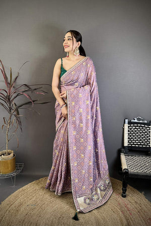 Lavender Bandhani Printed with Zari Woven Border Silk Saree (JK13611)