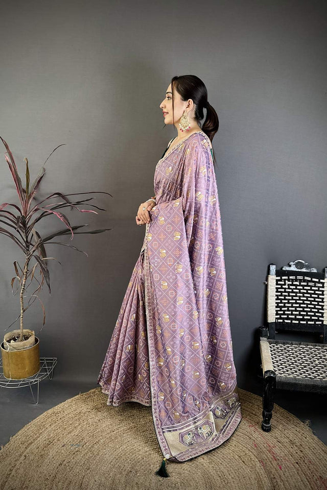 Lavender Bandhani Printed with Zari Woven Border Silk Saree (JK13611)