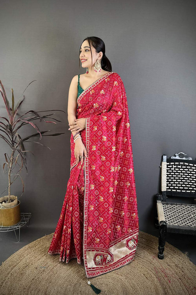 Dark Pink Bandhani Printed with Zari Woven Border Silk Saree (JK13612)
