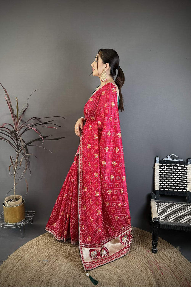 Dark Pink Bandhani Printed with Zari Woven Border Silk Saree (JK13612)