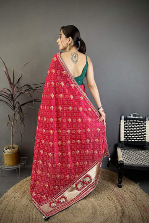 Dark Pink Bandhani Printed with Zari Woven Border Silk Saree (JK13612)