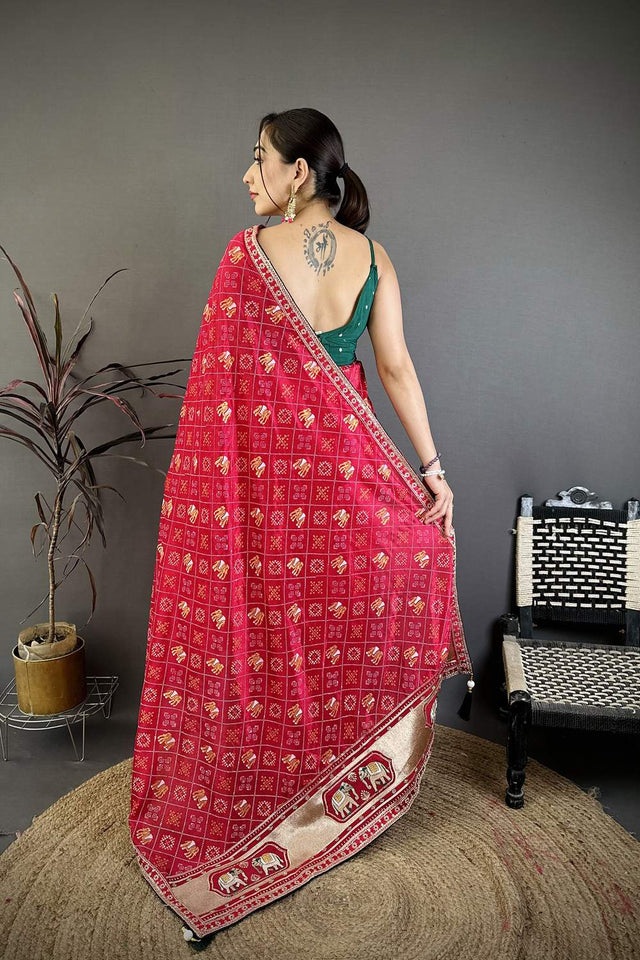 Dark Pink Bandhani Printed with Zari Woven Border Silk Saree (JK13612)