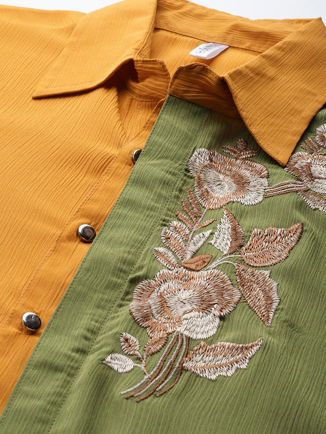 Women's Yellow Embroidered Shirt Style Top