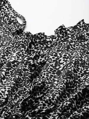 Women's Black Printed Crop Top With Frills