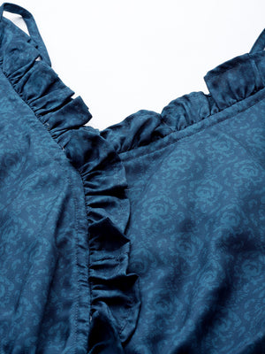 Women's Blue Printed Crop Top With Frills