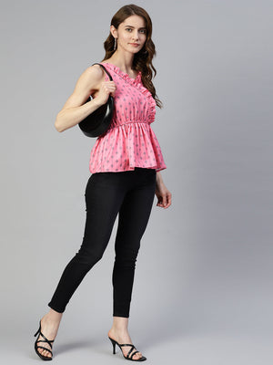 Women's Pink Printed Crop Top With Frills