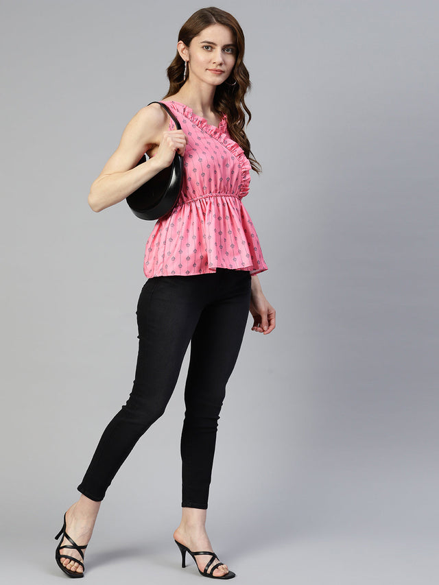 Women's Pink Printed Crop Top With Frills