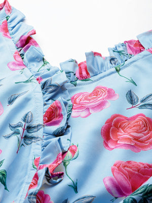 Women's Blue Printed Crop Top With Frills