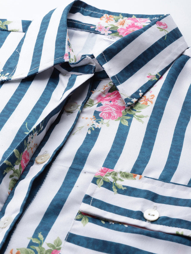 Women's Blue Striped Double Pocket Shirt Style Top