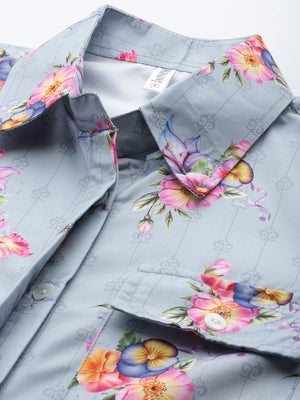 Women's Grey Floral Double Pocket Shirt Style Top