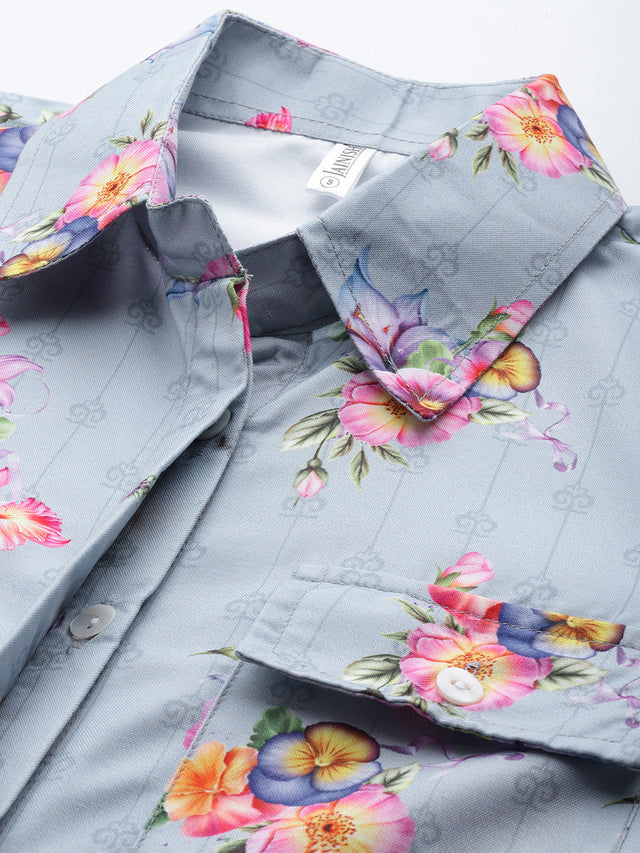 Women's Grey Floral Double Pocket Shirt Style Top