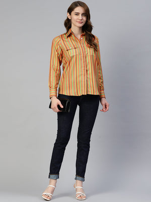 Women's Multi-Color Striped Double Pocket Shirt Style Top