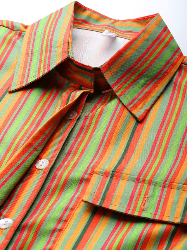 Women's Multi-Color Striped Double Pocket Shirt Style Top