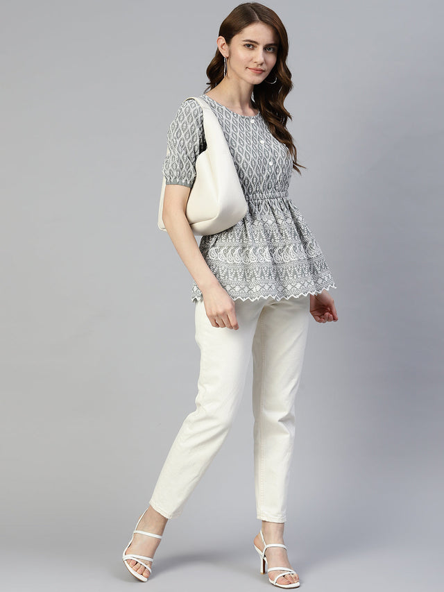 Women's Grey Chikankari Work Empire Top