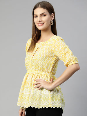Women's Yellow Chikankari Work Empire Top