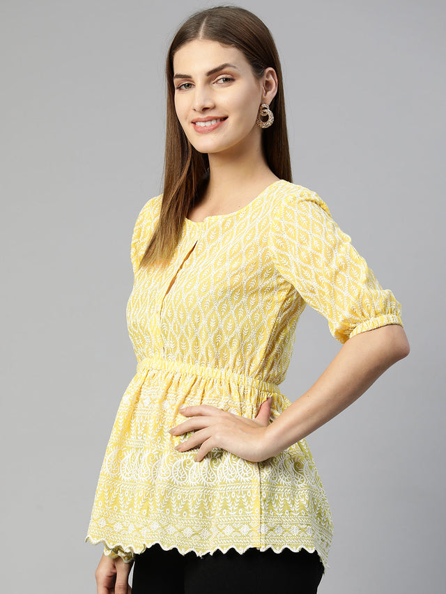 Women's Yellow Chikankari Work Empire Top