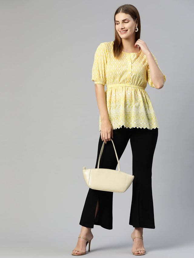 Women's Yellow Chikankari Work Empire Top