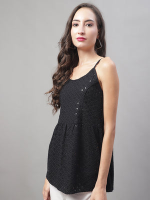 Women's Black Chikankari Sequin Work Empire Top