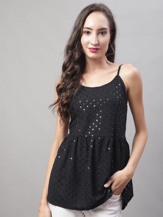 Women's Black Chikankari Sequin Work Empire Top