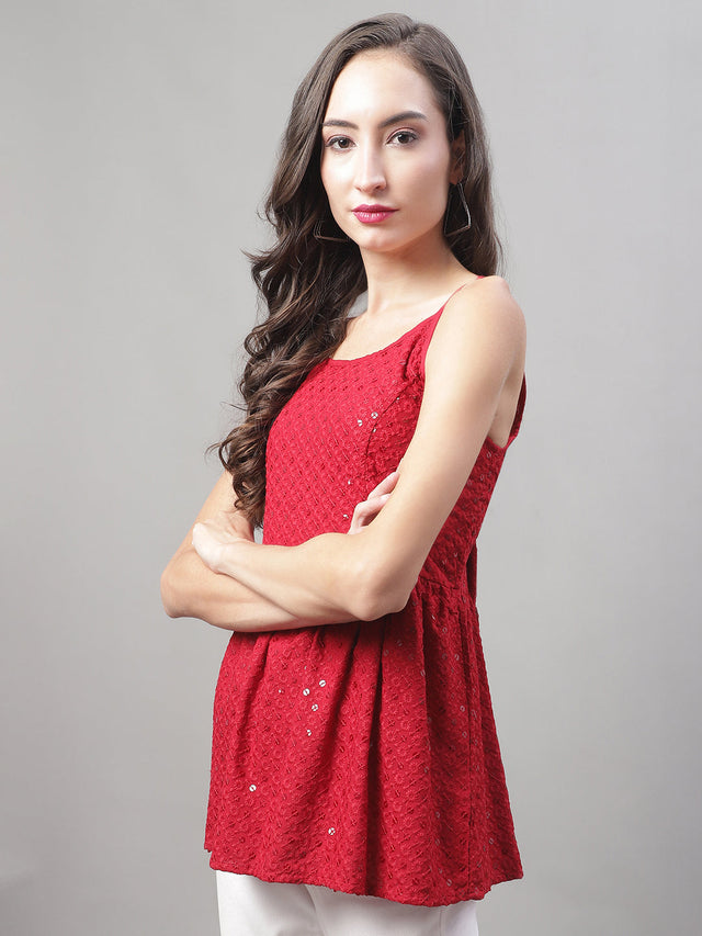 Women's Maroon Chikankari Sequin Work Empire Top