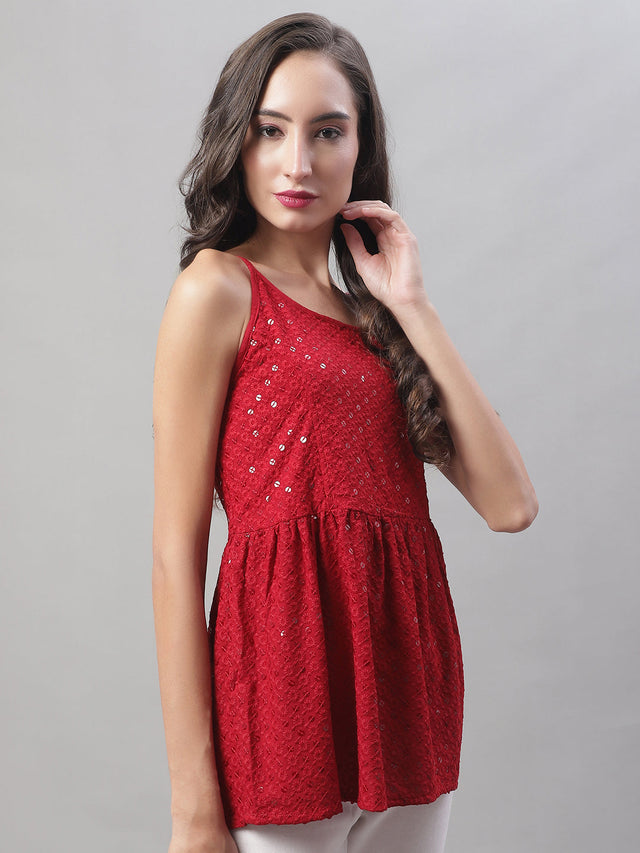 Women's Maroon Chikankari Sequin Work Empire Top