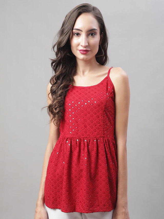 Women's Maroon Chikankari Sequin Work Empire Top