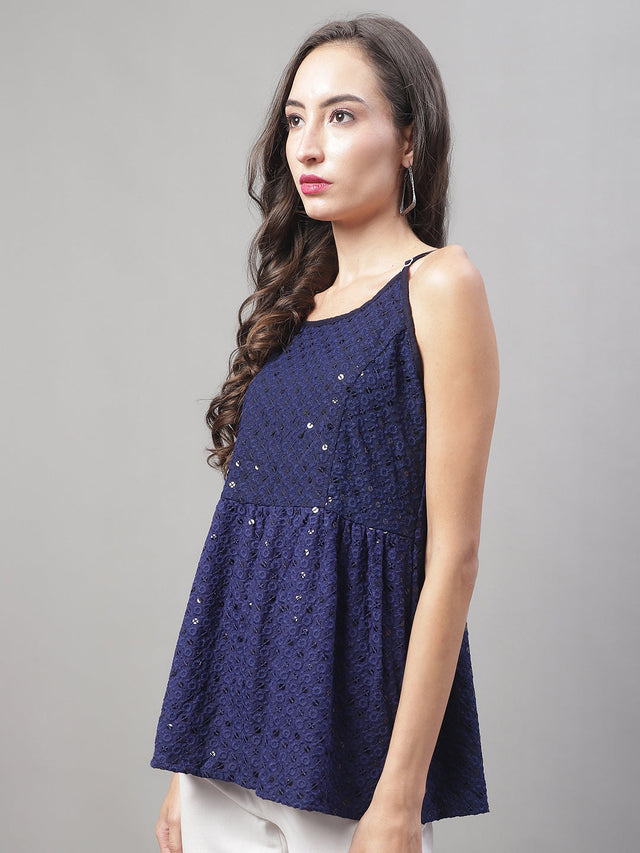 Women's Navy Chikankari Sequin Work Empire Top