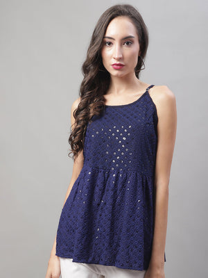 Women's Navy Chikankari Sequin Work Empire Top