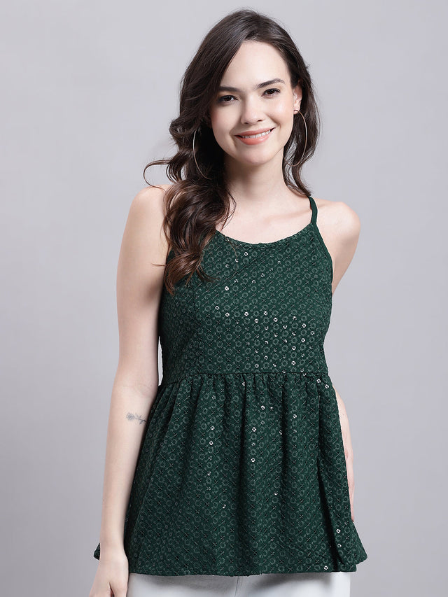 Women's Olive Green Chikankari Sequin Work Empire Top