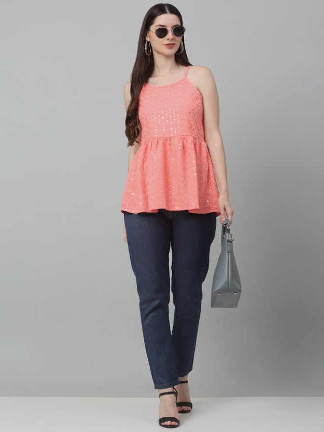 Women's Peach Chikankari Sequin Work Empire Top