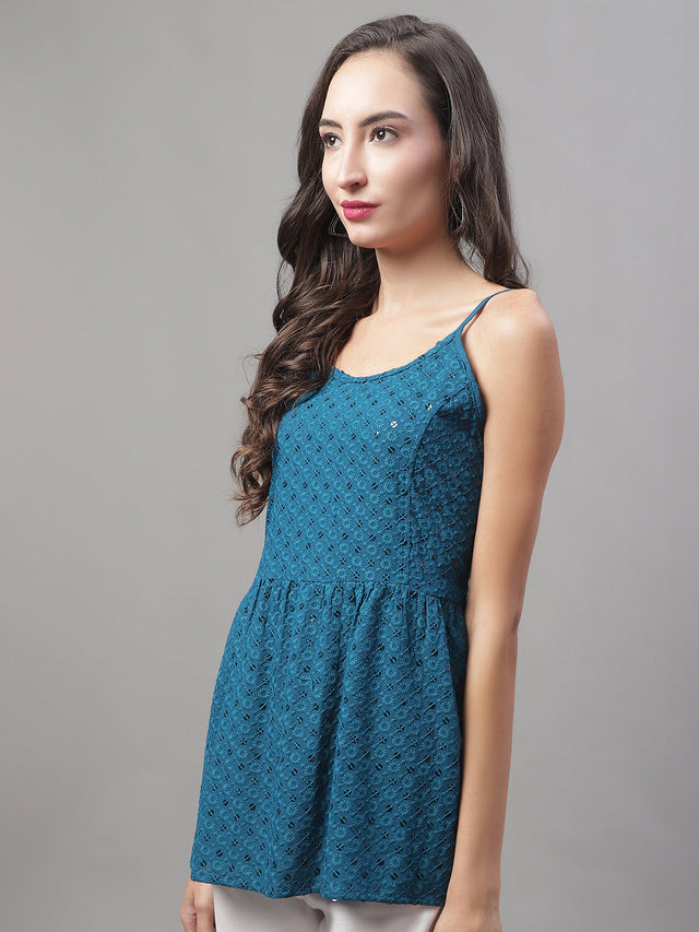 Women's Blue Chikankari Sequin Work Empire Top