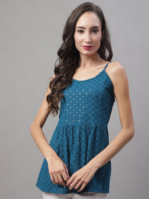 Women's Blue Chikankari Sequin Work Empire Top