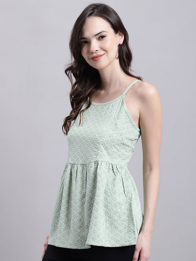 Women's Pista Green Chikankari Sequin Work Empire Top