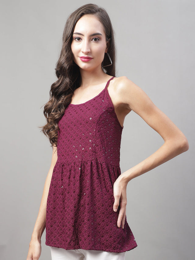 Women's Maroon Chikankari Sequin Work Empire Top