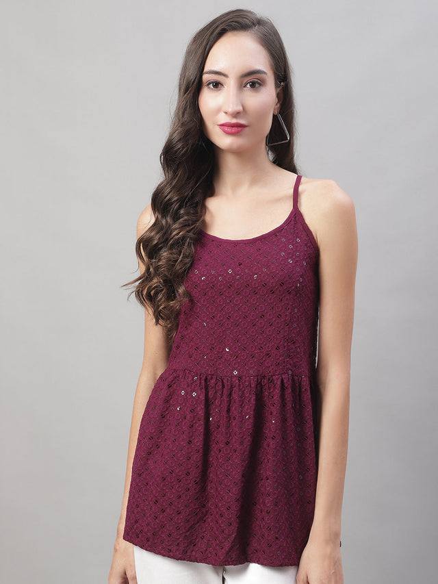 Women's Maroon Chikankari Sequin Work Empire Top