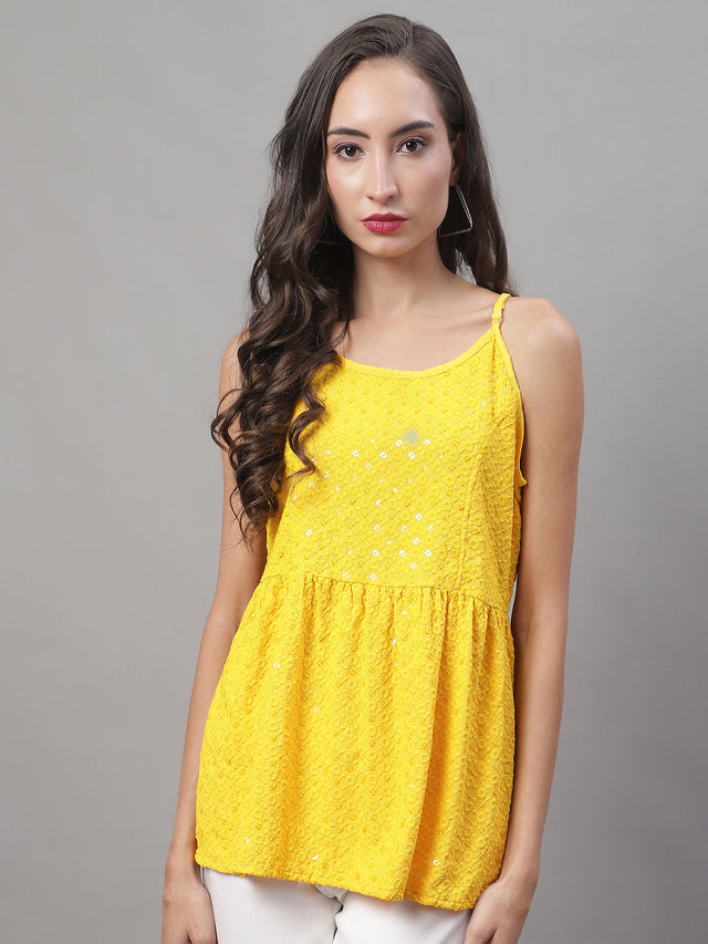 Women's Yellow Chikankari Sequin Work Empire Top