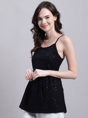 Women's Black Chikankari Sequin Work Empire Top