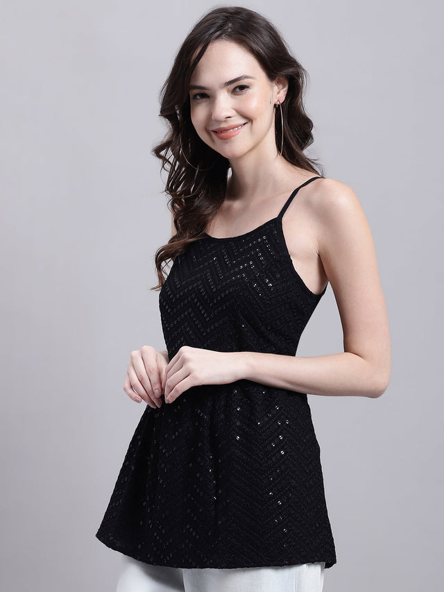Women's Black Chikankari Sequin Work Empire Top